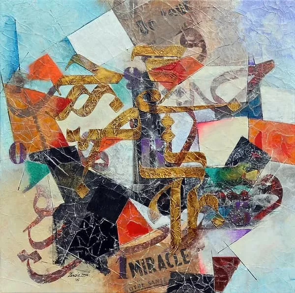 Œuvre Miracle, 2014. Collage, acrylique sur toile par Mahmoud Zendehroudi (Zende).