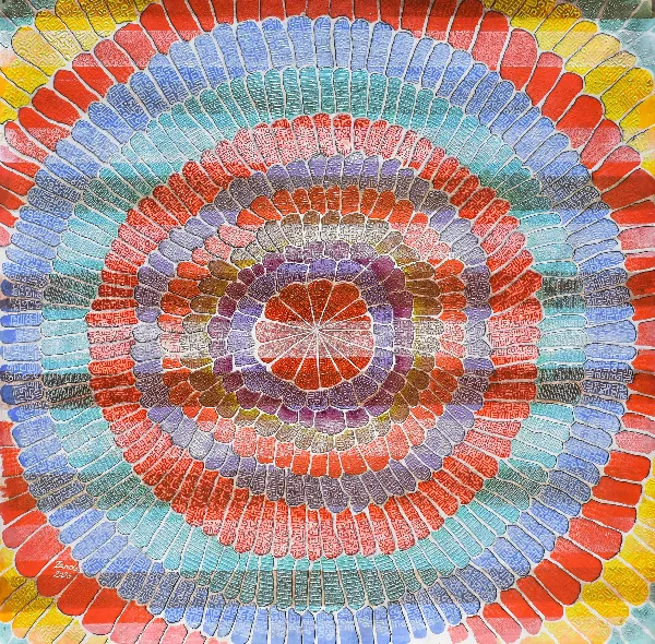 Œuvre Équilibre, 2022. Collage, acrylique sur toile par Mahmoud Zendehroudi (Zende).